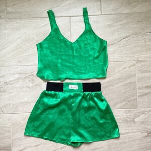 Vintage Matching Set Lingerie Cami Shorts Set Green Satin Womens Size Medium